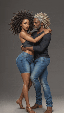 a woman with dreadlocks is hugging a man in jeans