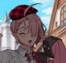 a girl with pink hair wearing a plaid hat is smiling