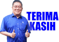 a man in a blue shirt giving a thumbs up next to a sign that says terima kasih