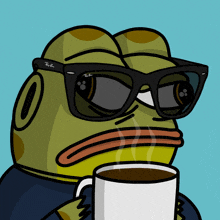 a cartoon of a frog wearing ray-ban sunglasses holding a cup of coffee