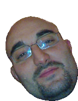 a bald man with glasses and a beard is looking up at the camera