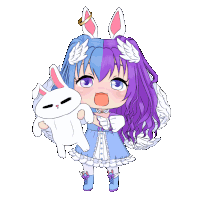 a girl with blue and purple hair is holding a white rabbit