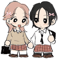 a drawing of two girls holding hands with one wearing a plaid skirt