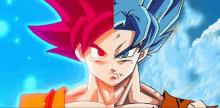 a close up of a red and blue dragon ball z character standing next to each other .