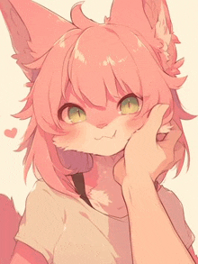 a person is touching the face of a pink furry anime character .