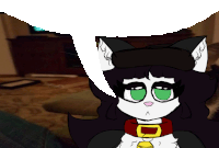 a black and white cat with green eyes and a red collar has a speech bubble above her head