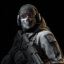 a soldier wearing a skull mask and headphones holds a gun