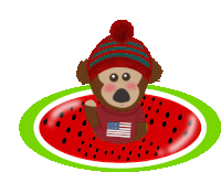 a monkey wearing a red hat and an american flag shirt is sitting on a watermelon slice