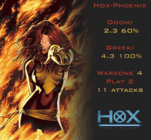 a poster for hox-phoenix shows a woman in a phoenix costume