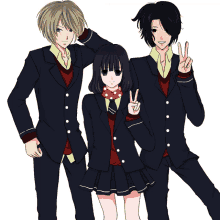 a girl giving a peace sign between two boys