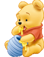 a winnie the pooh bear is holding a pot of honey