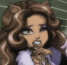 a close up of a monster high character with a necklace on her neck