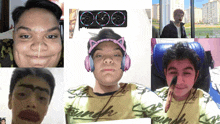 a collage of images of a boy wearing headphones and a shirt that says sound