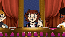 a pixel art drawing of a girl holding a drink in front of a curtain