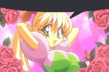 a cartoon girl with a flower on her chest is surrounded by pink roses