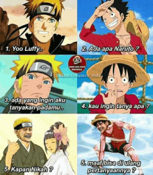 a collage of naruto and one piece characters with the captions " yoo luffy " and " ada apa naruto "