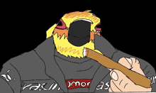 a drawing of a person holding a cigar with the word supreme on their shirt