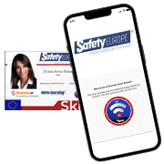 a phone with a safety europe app on it next to a safety europe card .