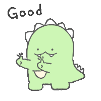 a cartoon drawing of a dinosaur giving a thumbs up and the word good below it