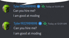 a screenshot of a conversation between tyler 1922989898 and tyler1922989898