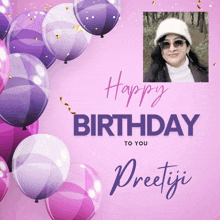 a pink birthday card with purple and white balloons and the name preetiji