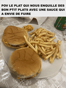 a plate of hamburgers and french fries with a caption in french