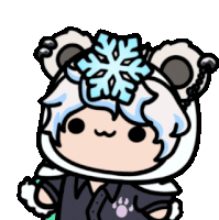 a cartoon character wearing a teddy bear hat with a snowflake on it