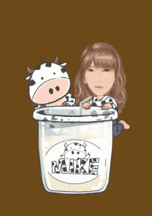 a cartoon of a woman and a cow in a milk glass