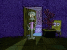 squidward from spongebob squarepants is standing in a purple room next to a spongebob chair .