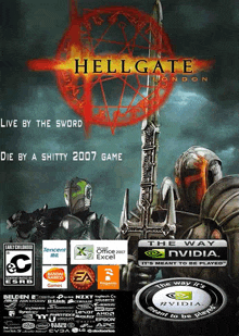 an advertisement for hellgate london shows a knight holding a sword