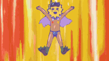 a cartoon character with a purple cape and a yellow face is jumping in the air .