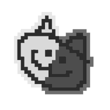 a black and white pixel art drawing of a skull and a rabbit .