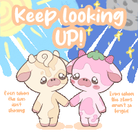 a poster that says keep looking up with two cows