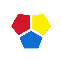 a red yellow and blue hexagon with a white border