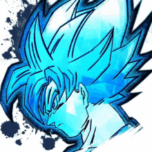 a drawing of a man with blue hair and a white background