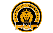 a logo for poli and friends paf shows a lion with a crown