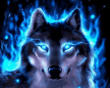 a wolf with blue eyes is surrounded by blue flames and lightning .