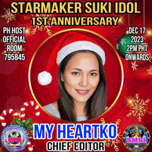 a poster for starmaker suki idol 's 1st anniversary shows a woman wearing a santa hat