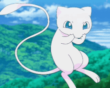 a white cat with a pink tail is standing in front of a forest