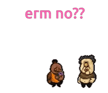 a cartoon of a man and a woman holding hands with the words `` erm no '' written above them .