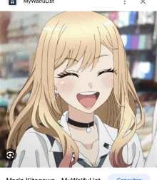 a picture of a blonde anime girl with a choker around her neck laughing