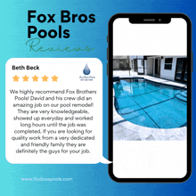 a phone screen displays a review from beth beck for fox bros pools