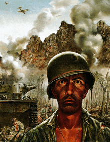 a painting of a soldier in a helmet with a tank in the background