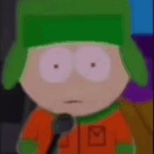 a cartoon character from south park is holding a microphone and making a funny face .