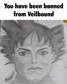 a black and white drawing of a man with the words you have been banned from veilbound on the bottom