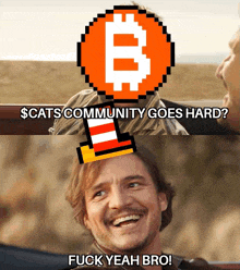 a man with a cat in the hat on his head and a bitcoin sign above him