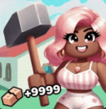 a cartoon girl with pink hair is holding a hammer in her hand .