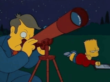 a man is looking through a telescope at bart simpson while bart simpson lays on the ground .