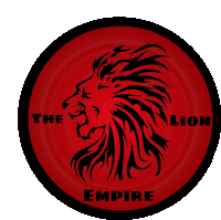 a red circle with a black lion and the words the lion empire below it