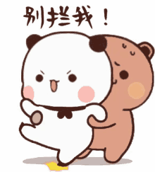 a cartoon panda and a brown bear are dancing together .